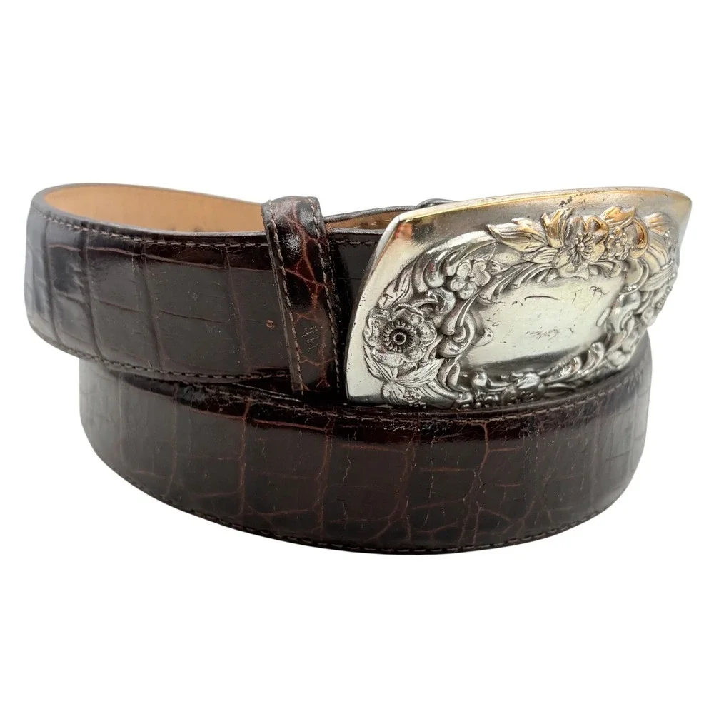 Brighton Croc Embossed Leather Belt Women Large Brown Floral Silver Buckle 24009